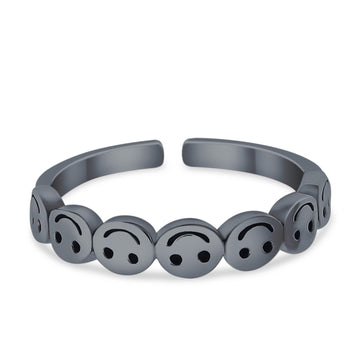 Smiley Face Toe Ring Black Tone Adjustable Band 925 Sterling Silver (4mm)